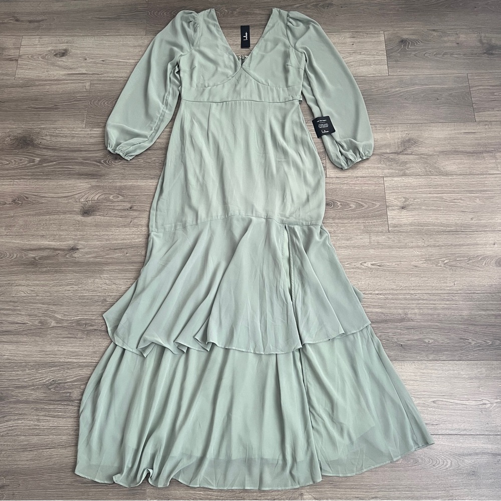 Lulus Tier Elegance Tiered Maxi Dress Large Sage Green Chiffon Long Sleeve *FLAW - Picture 4 of 12
